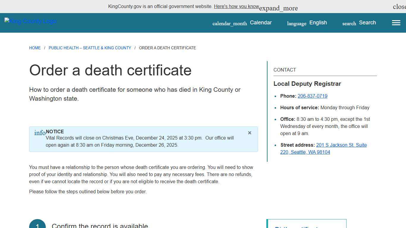Order a death certificate - King County, Washington